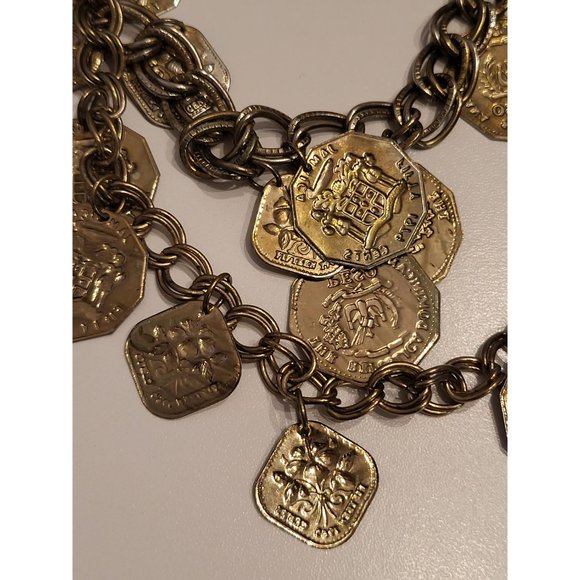 Vintage Multichain Brass Necklace DOMINICAN REPUBLIC JAMAICA coins collectible - Picture 2 of 9
